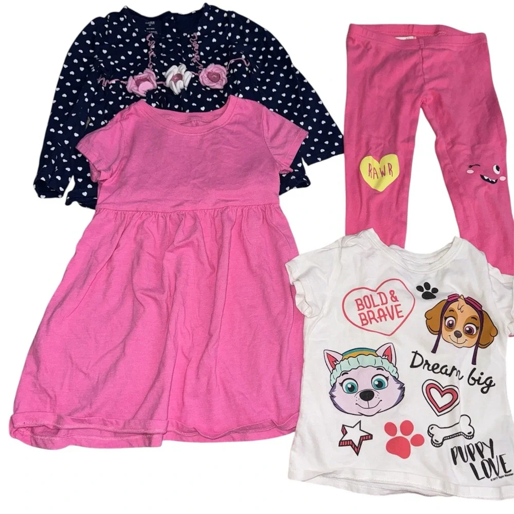 3T Girls Kids Clothing Bundle Set with Pink Dress and Graphic Tee (4 Pieces)